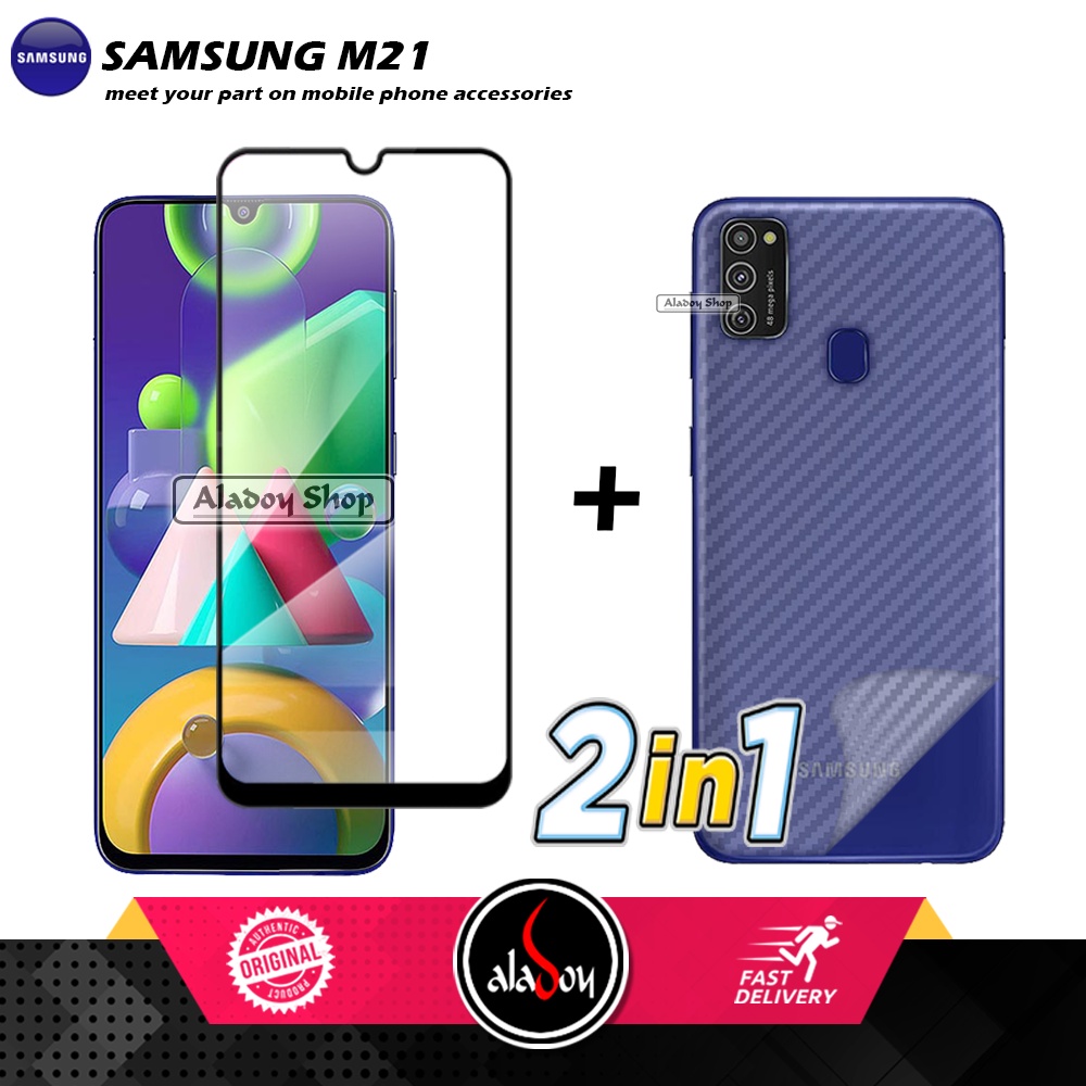 PAKET 2 IN 1 Tempered Glass Layar Samsung M21 + Skin Carbon Film 3D