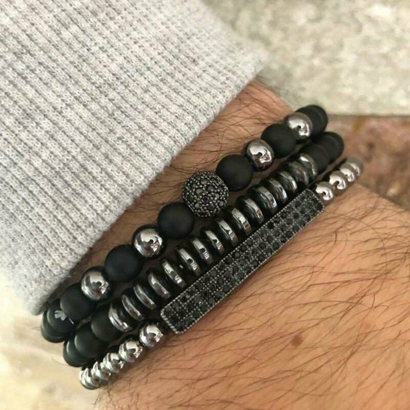 3pcs Gelang Manik-Manik Batu Hematite Warna Hitam Untuk Pria