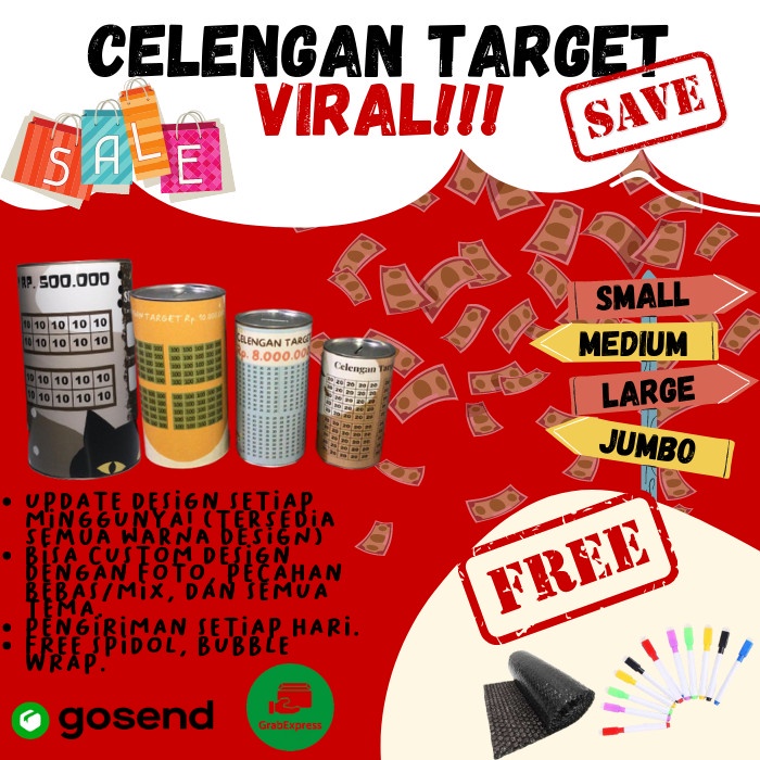 CELENGAN- CELENGAN TARGET VIRAL UKURAN LARGE PERMANEN FREE SPIDOL - TARGET 10 JUTA, PECAHAN 10