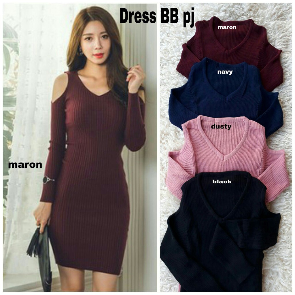 Q- DRESSS BOLONG BAHU/ LENGAN PJ/ DRESS RAJUT STRET/ TERBARU