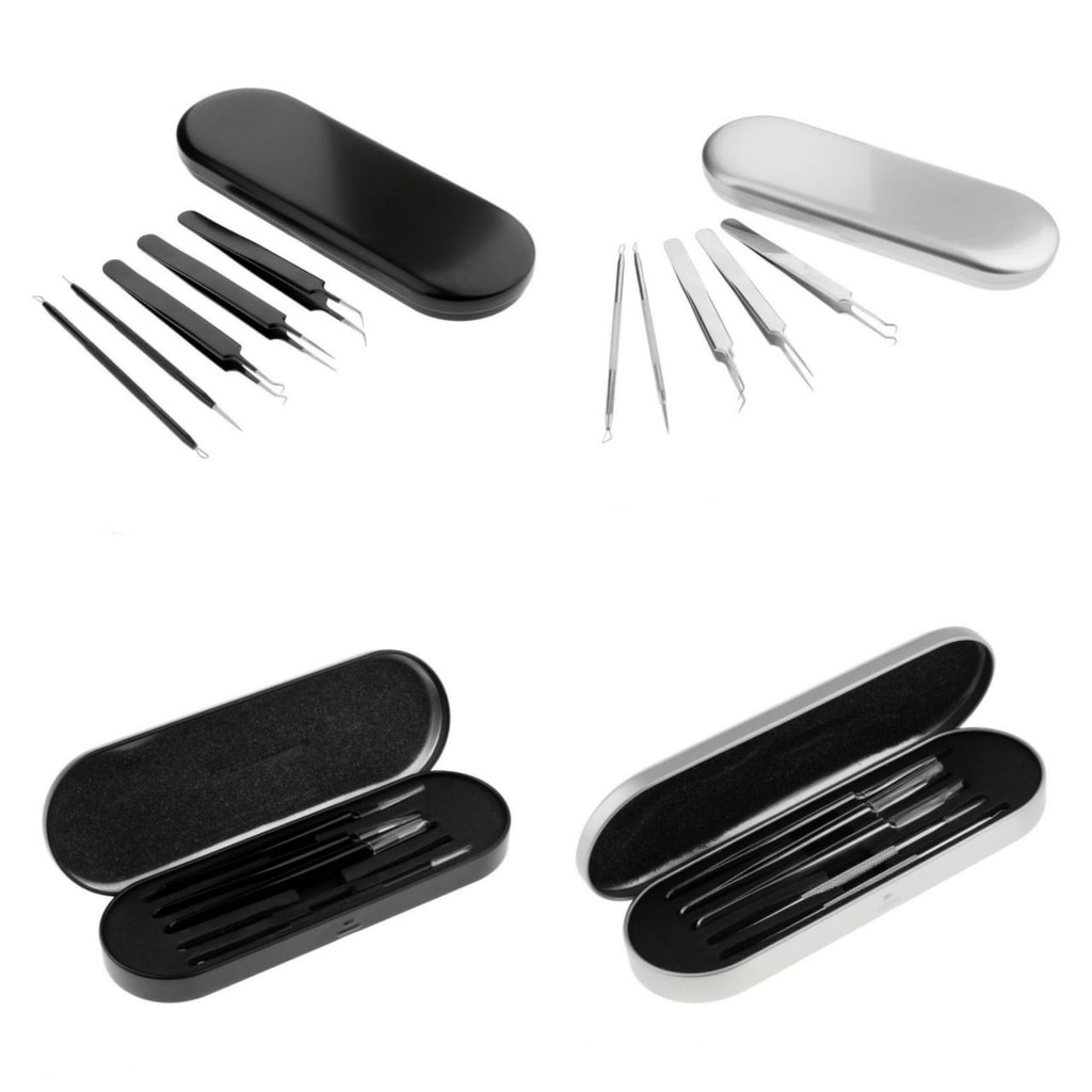 Pinset Jerawat Komedo Set Bahan Stainless Steel Kualitas Tinggi Hitam dan Silver