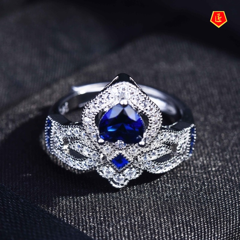 [Ready Stock]Elegant Simple Inlaid Sapphire Crown Ring