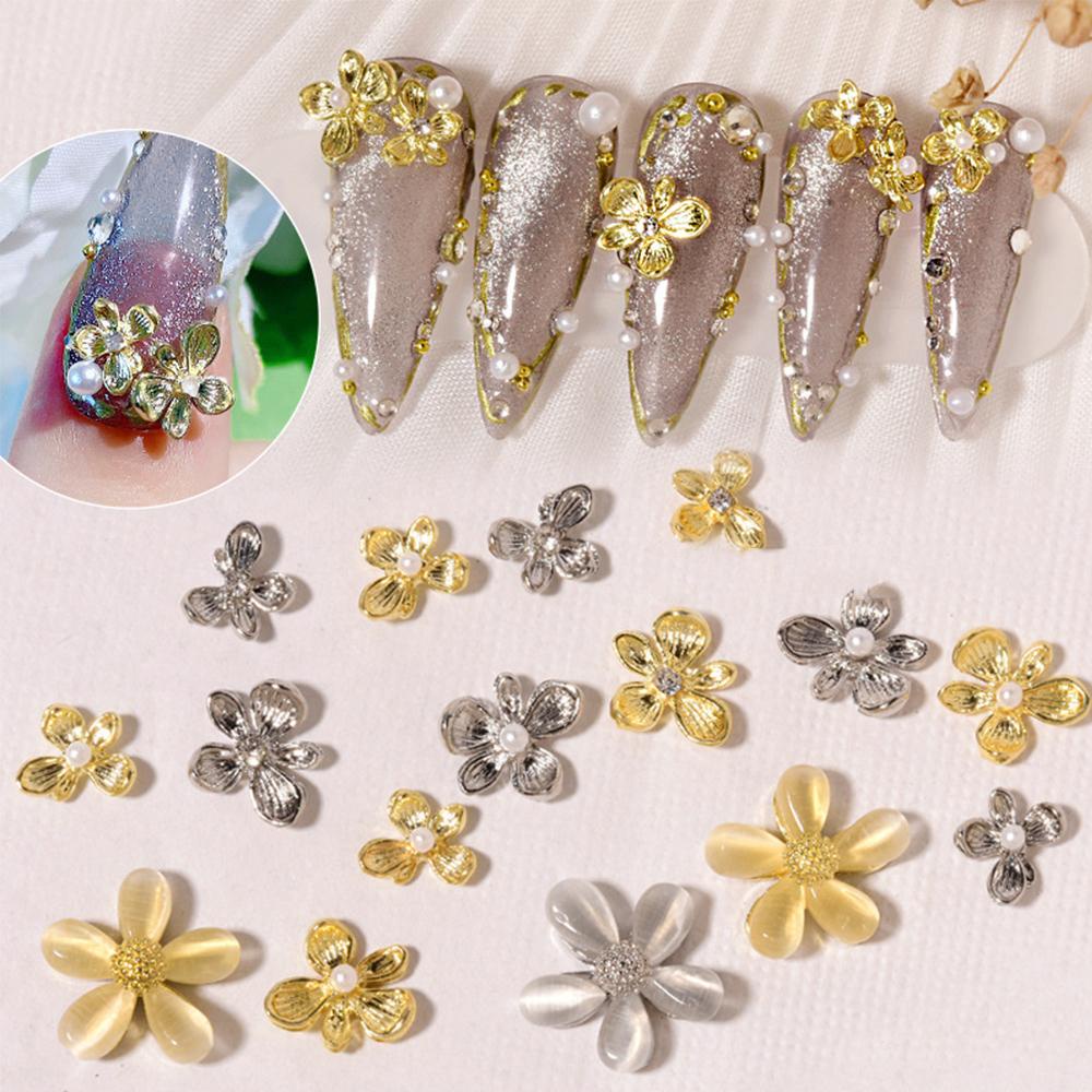 Mxbeauty Bunga Perhiasan Kuku Emas 1/5Pcs Gaya Jepang Bahan Metal Alloy Manicure Aksesoris