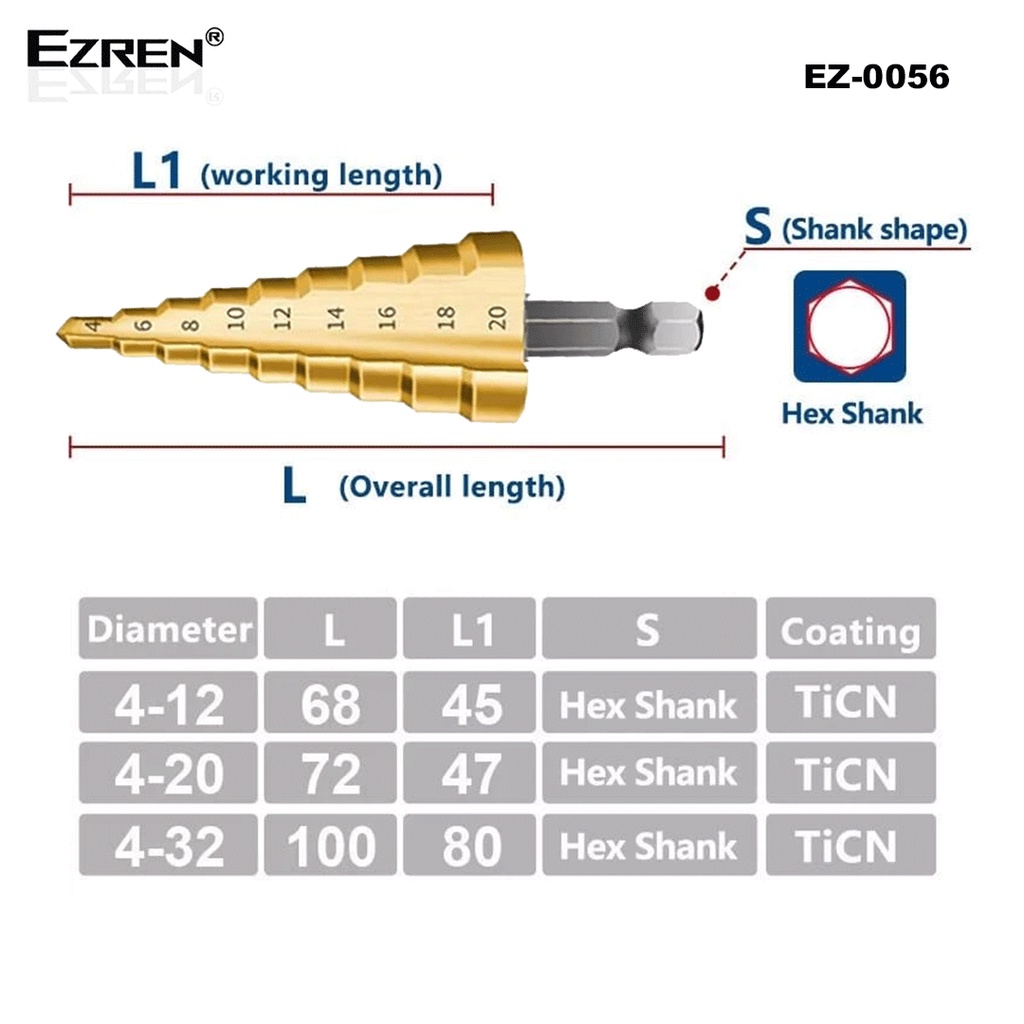 Ezren EZ-0056 4-20mm Mata Bor Multi Step Pagoda Besi Drill Bits