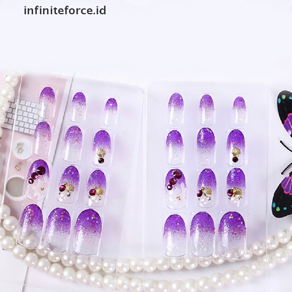 (Infiniteforce.Id) 24pcs / Set Kuku Palsu Akrilik Uv Gel Motif Ukiran Bunga Warna Ungu Untuk Nail Art