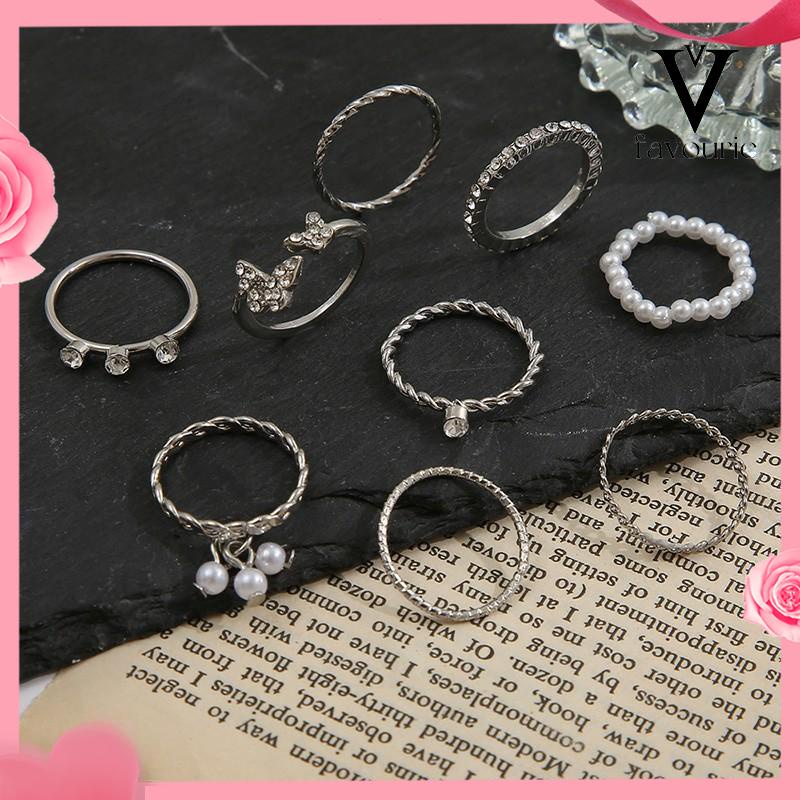 [COD]9 PCS Wanita Tipis Berongga Mutiara Kristal Kupu-kupu Berlian Premium Knuckle Ring Set-FA