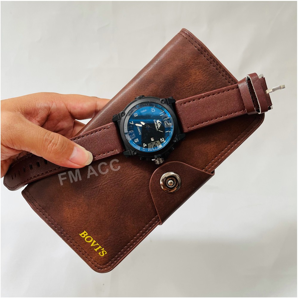 Aksesoris Fasion / Dompet Kulit Pria Wanita Casual Panjang Plus Jam Tangan Pria Premium Free Box Jam