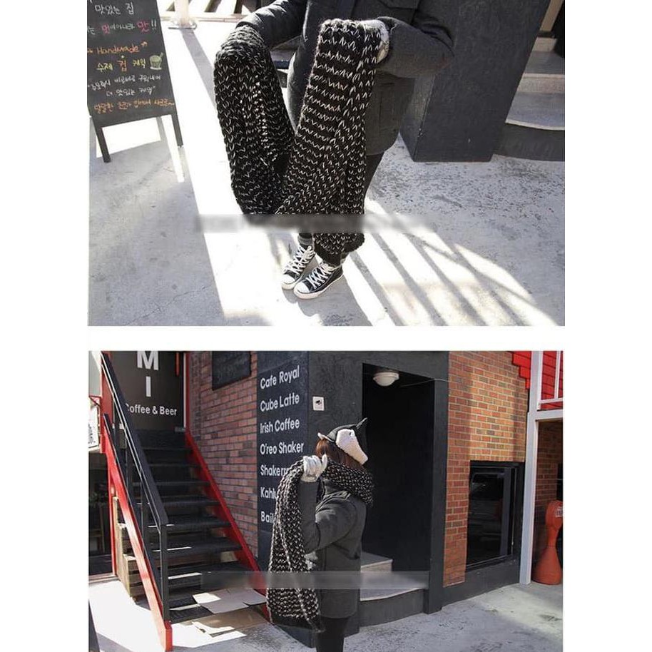 Joy Fashion Syal Unisex Pria Wanita Syal Leher Rajut Hitam Putih Modern Style Unik