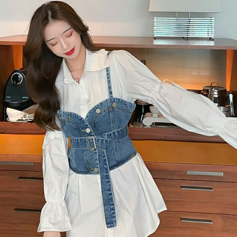 2121 Baju kemeja set vest denim wanita baju atasan kemeja kerja kantor set vest jeans cewek import