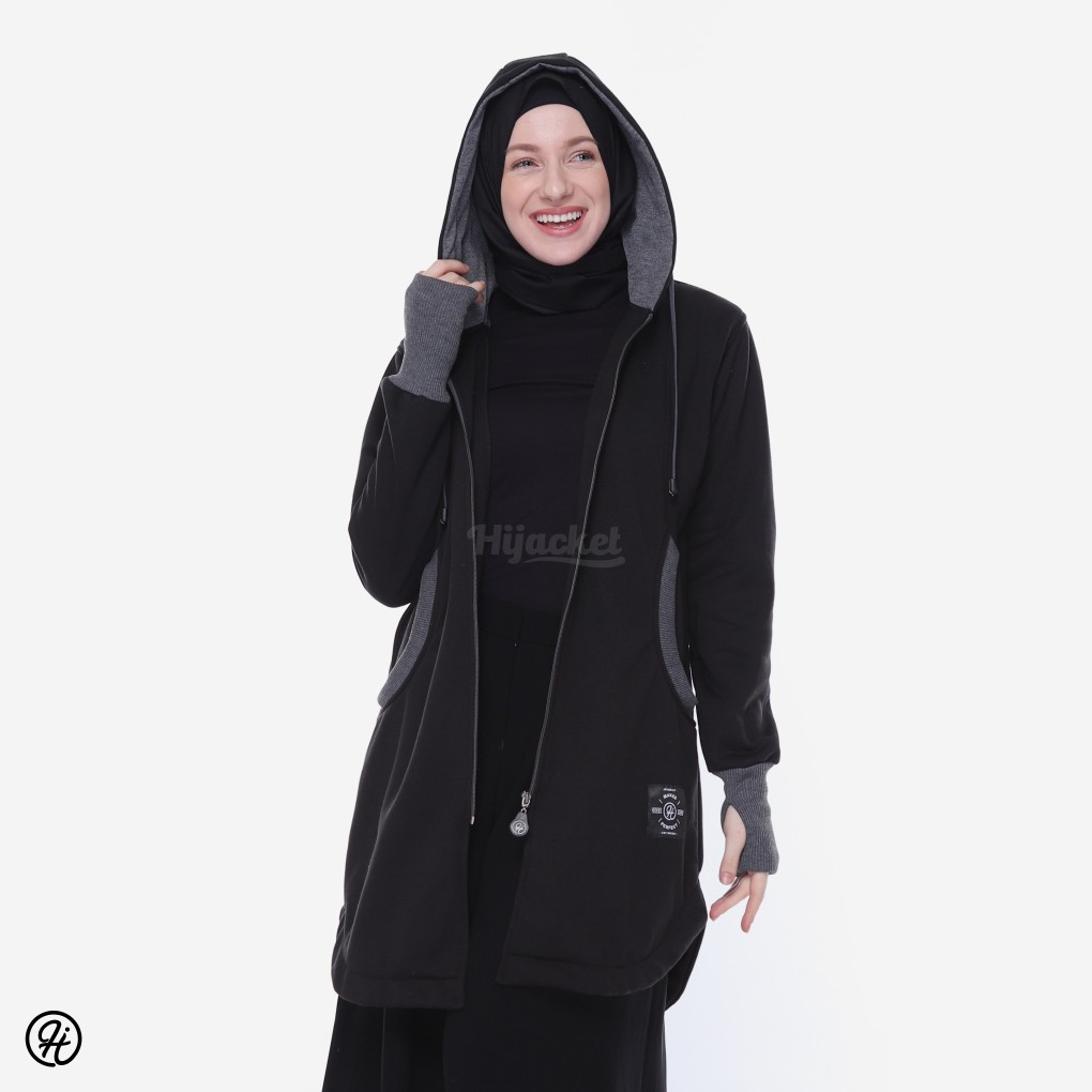 HIJACKET ELEKTRA | HIJAKET JAKET HIJAB PANJANG WANITA MUSLIMAH SYAR'I-Black
