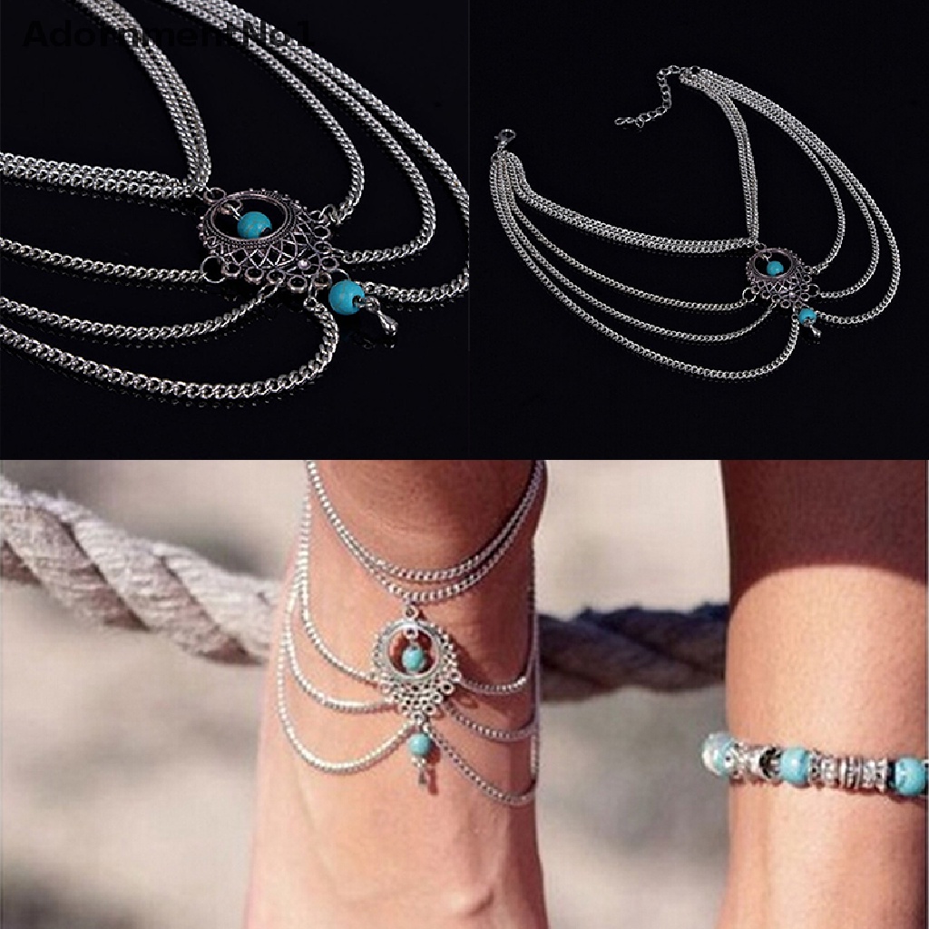 (AdornmentNo1) Gelang Kaki Rantai Gaya Boho Aksen Turquoise Untuk Perhiasan Wanita / Pantai