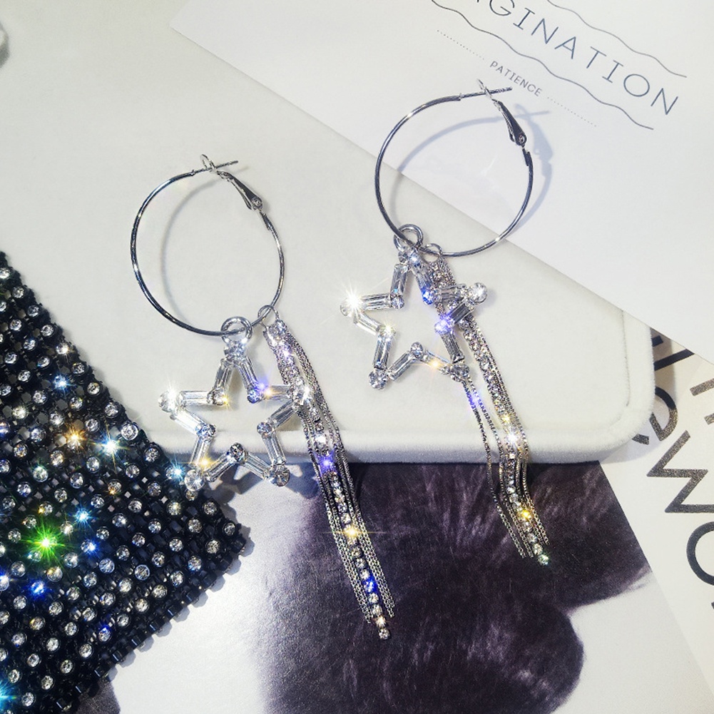 Hu Hu Hu Hu Hu Alat Bantu Pasang Kacamata♡ Anting Tusuk Gantung Wanita Desain Bintangrumbai Hias Berlian Imitasi Untuk Hadiah