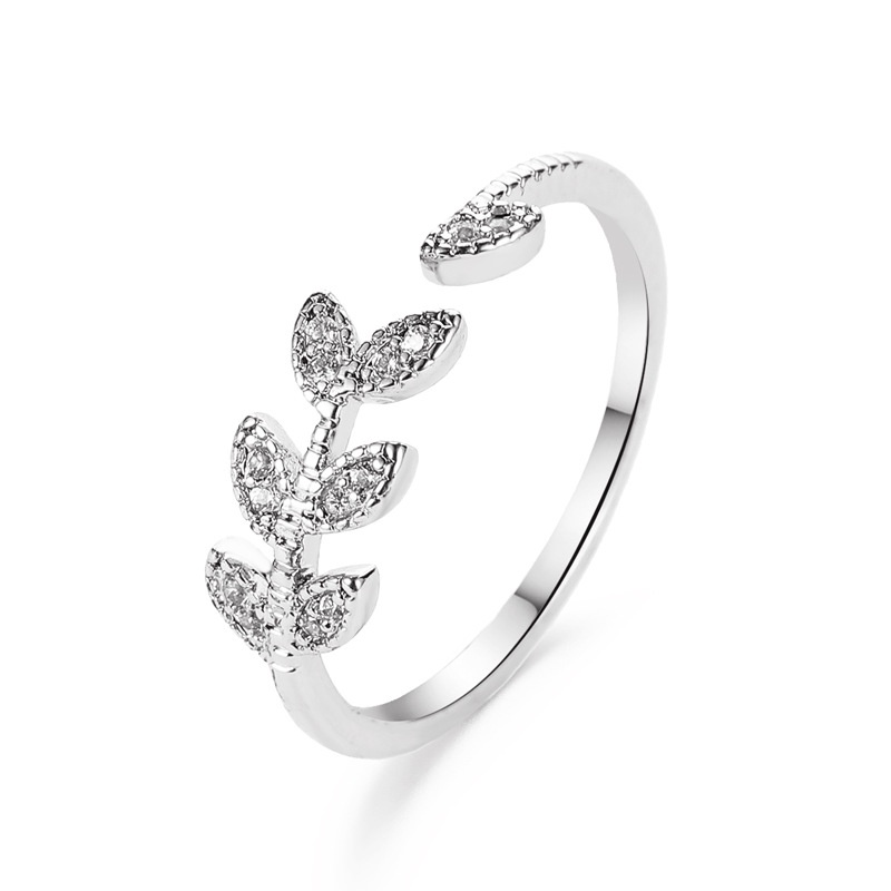 Cincin Model Terbuka Desain Daun Hias zircon Gaya Korea / Pelajar / simple Untuk Wanita