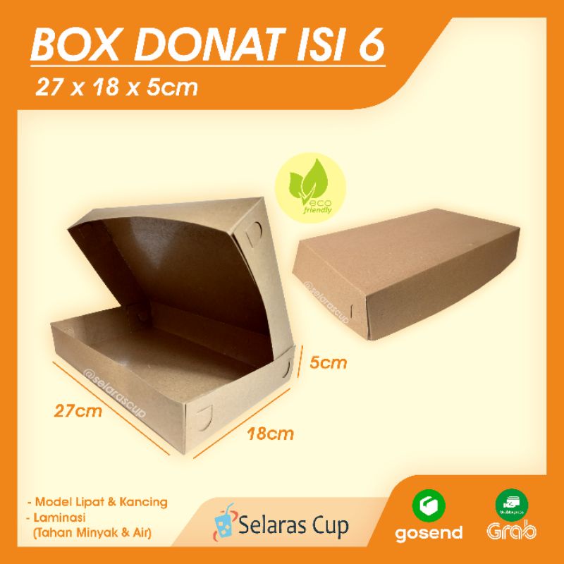 ISI 50 - box donat isi 6 ukuran 27x18 bahan kraft coklat anti air sudah laminasi dus donat bisa cust