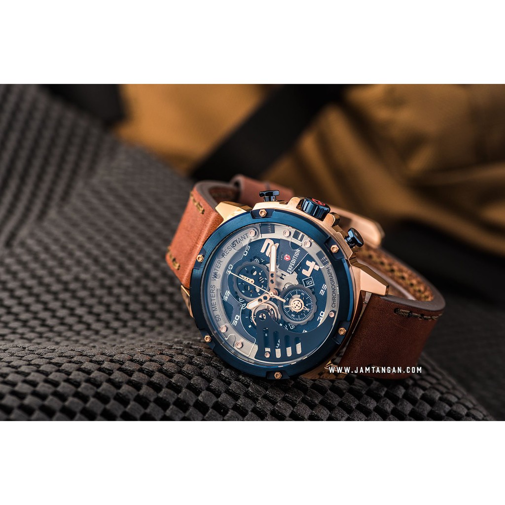 Expedition E 6700 MC LURBU Chronograph Men Blue Dial Brown Leather Strap