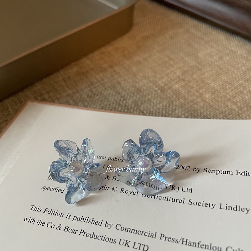 2 silver clear biru muda kristal transparan bunga stud anting-anting lucu peri biru muda musim semi