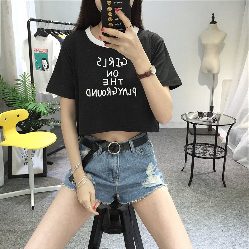  Kaos  T shirt Wanita Model Crop  top Lengan Pendek Dengan 