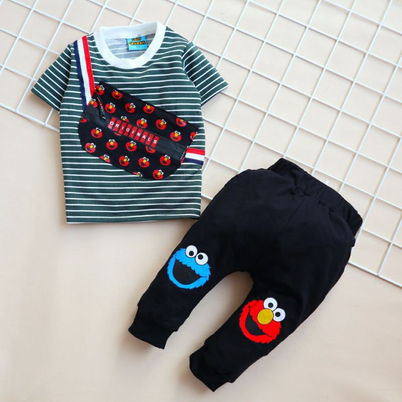 Setelan Saint Queen Kantong motif garis Elmo (BISA COD) Set saint queen murah