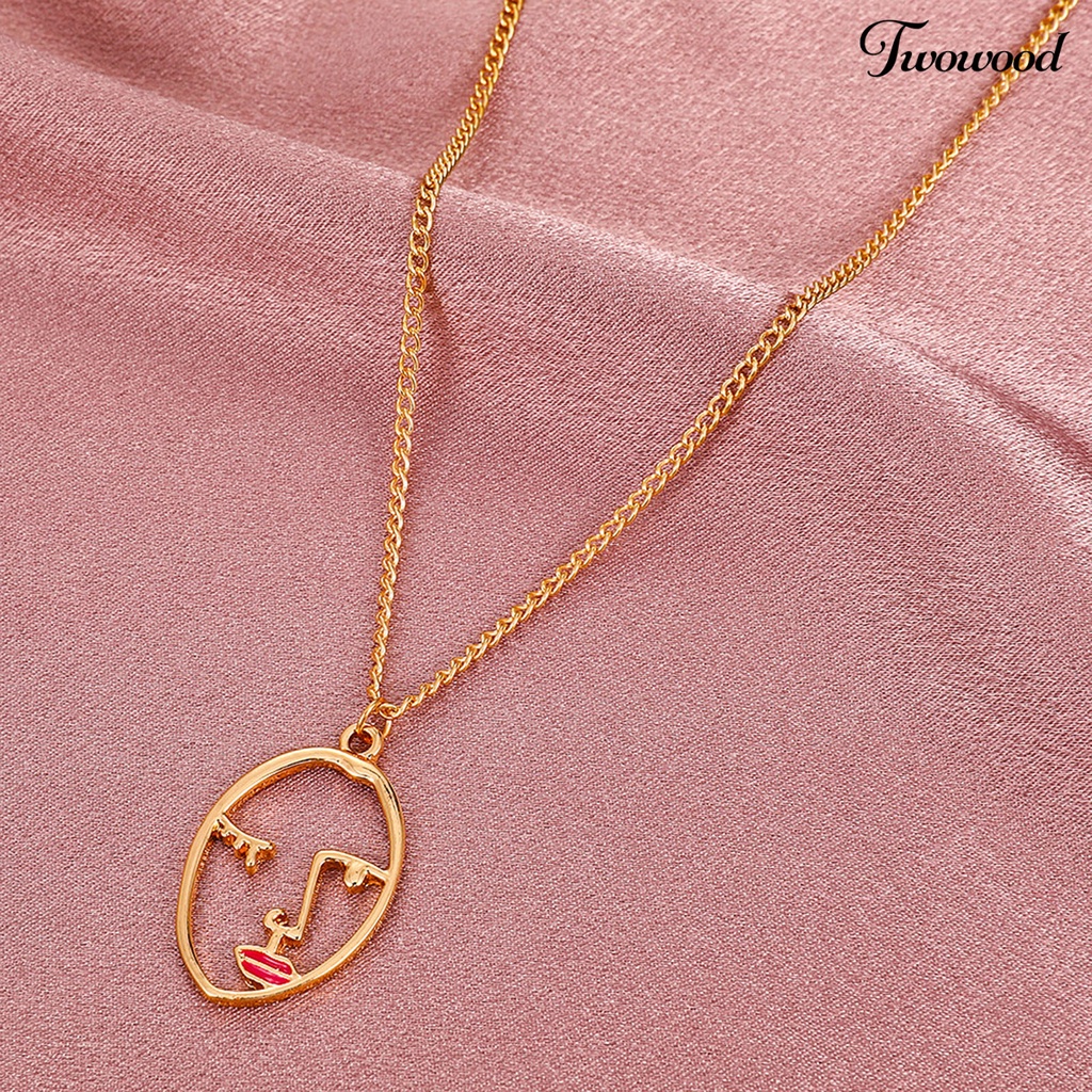 Twowood Hollow Abstract Face Pendant Clavicle Necklace Women Long Chain Sweater Necklace New Year Gift