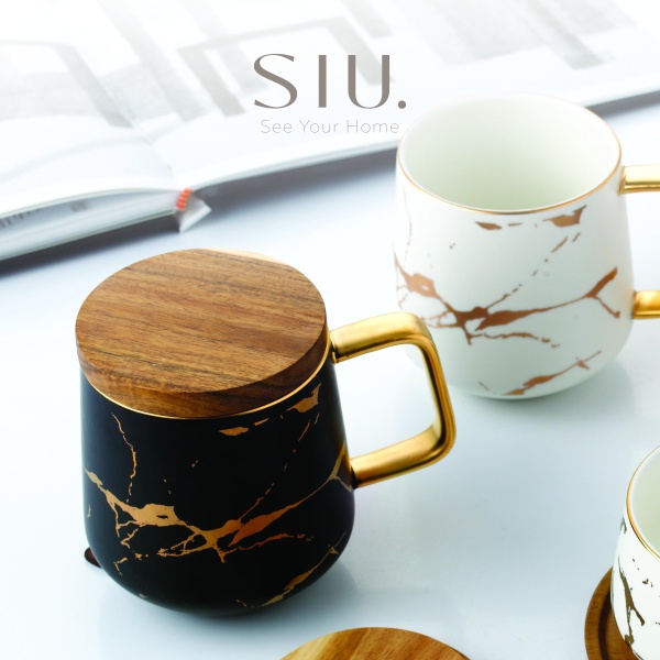 Marble Mug Wooden Lid – Mug Kopi Motif Marmer dengan Handle Kayu