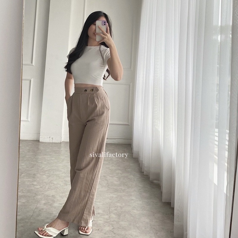 Celana Kulot Linen Highwaist Premium 2240 Side Button - Cullote Pants - Celana Kulot Linen Wanita / Four Button / Noza