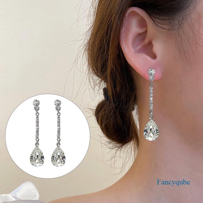 Anting Juntai Bentuk Water Drop Cubic Zirconia Kristal Warna Silver Untuk Wanita