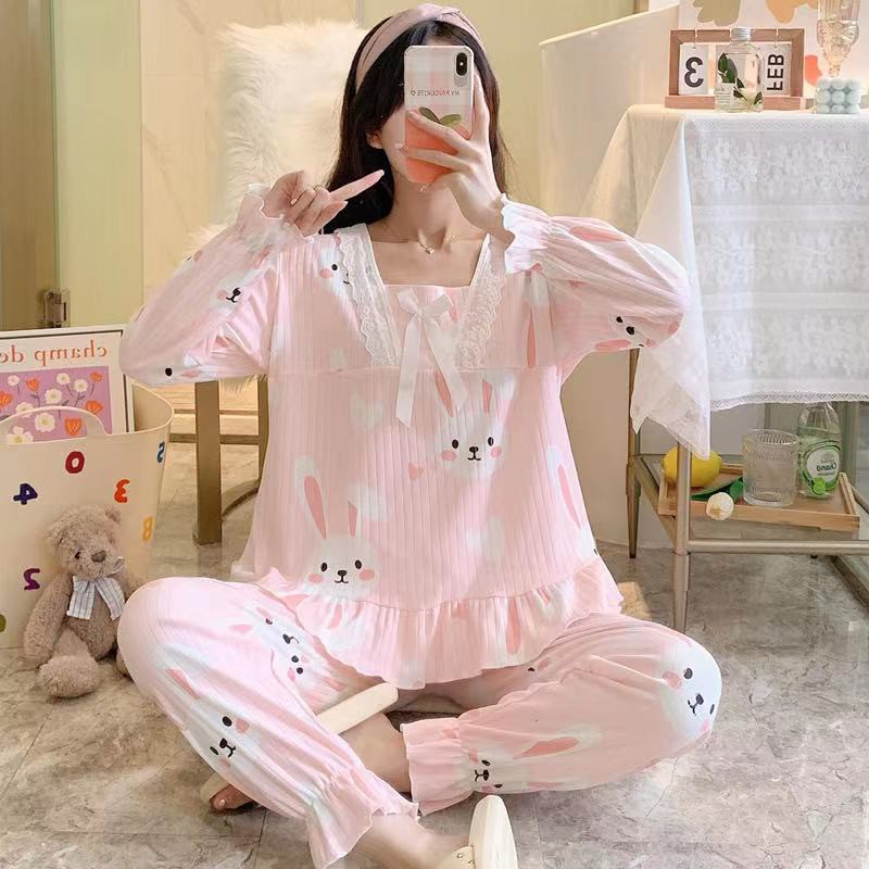 Piyama Baju Tidur Wanita V-Neck  Renda PP / Baju Tidur Import Murah PREMIUM bahan Tebal Halus-Rabbit Pink