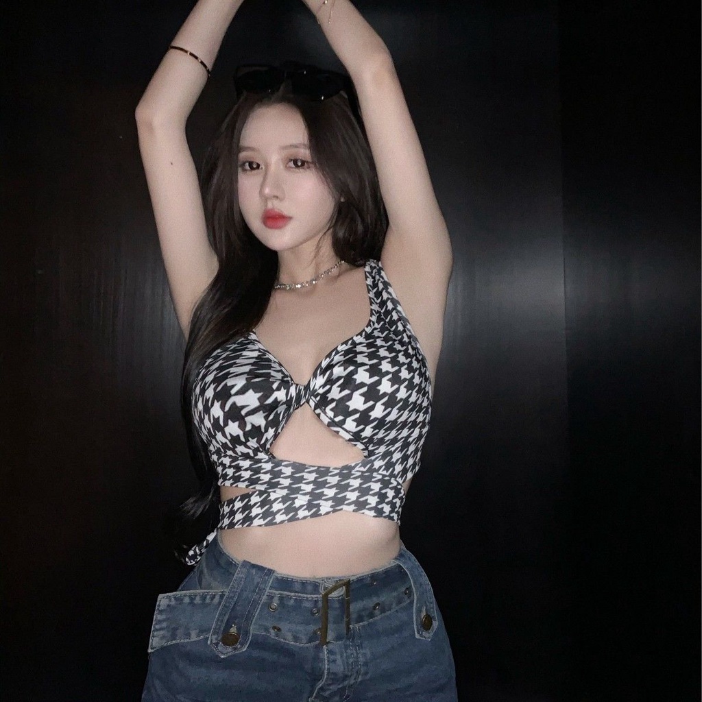 Suhao Xia memakai seksi berongga halter neck halter houndstooth kamisol wanita murni nafsu manis gadis hot tube top short top