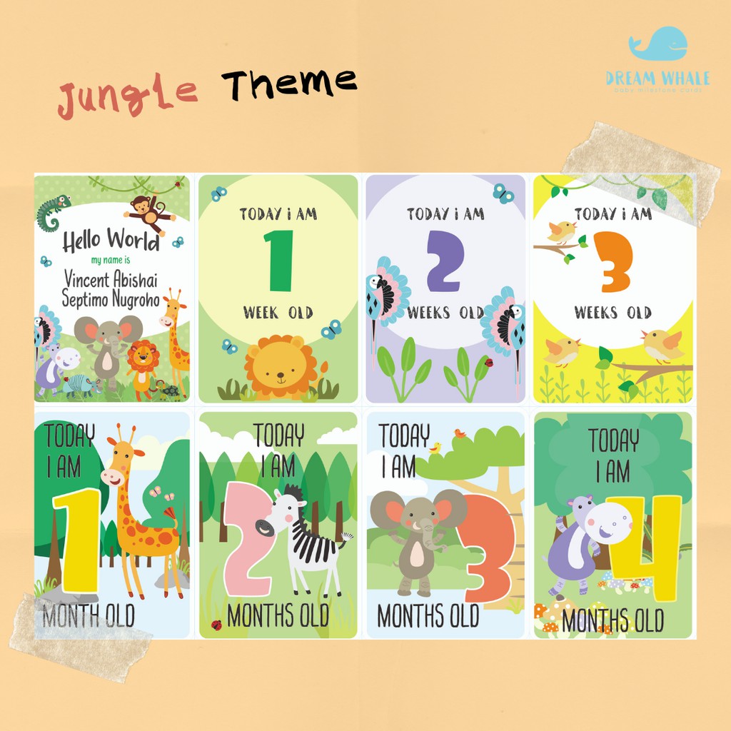 Custom Baby Milestone Cards - Jungle - Animal Forest Lion Binatang Boy Girl Unisex - DreamWhale