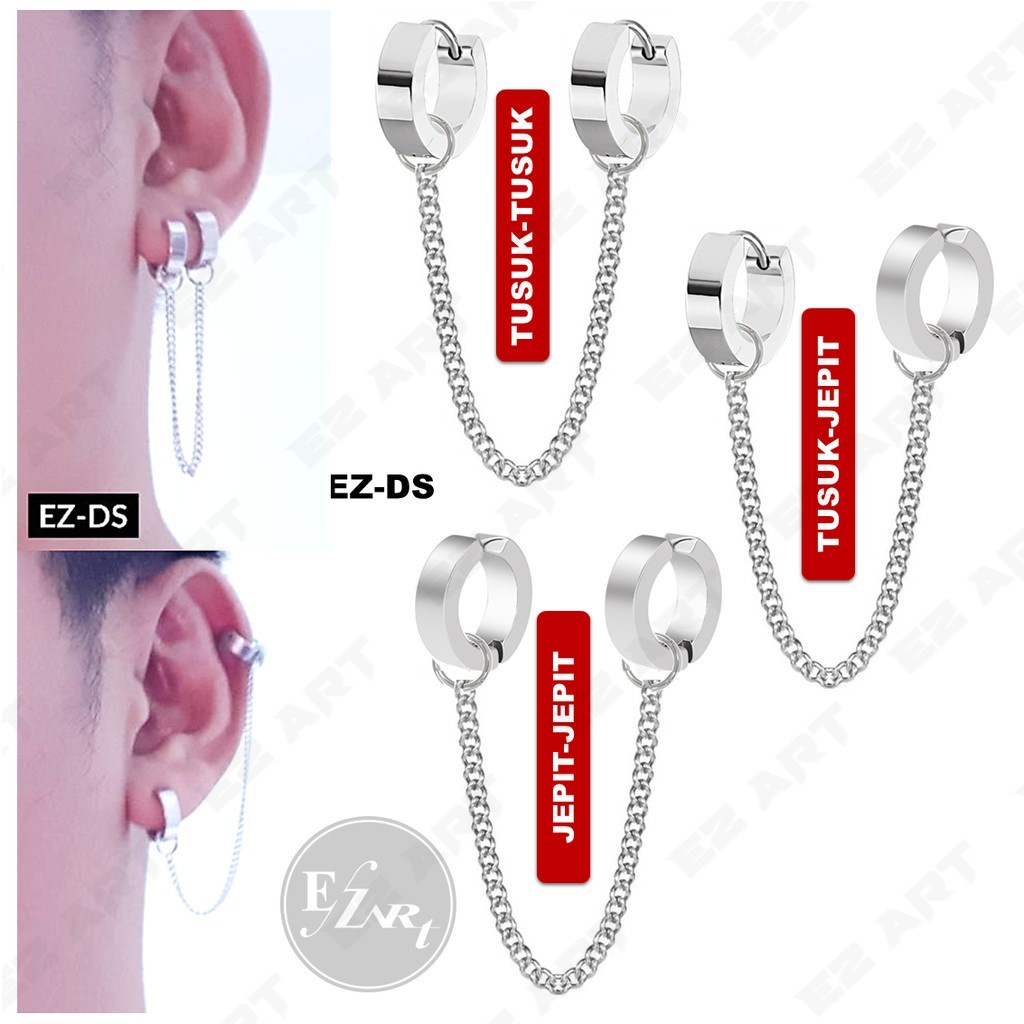 1Pc Model EZ-DS DOUBLE GANDA Rantai Silver Anting Pria Cowok - Wanita Cewek Jepit Tusuk KPOP Punk