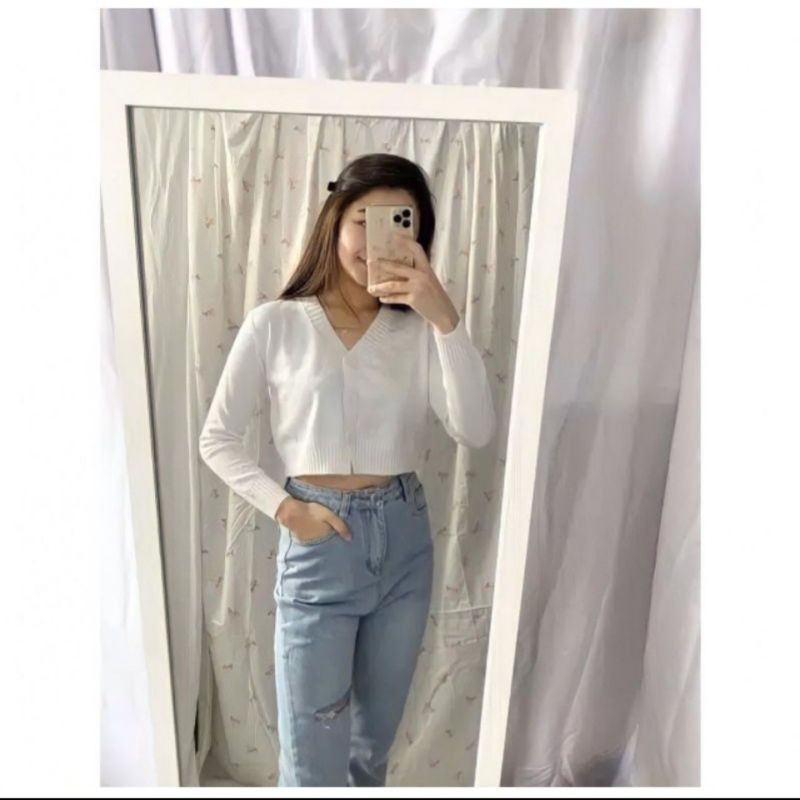 CARDIGAN RAJUT WANITA/CARDIGAN CROP/CROP CARDY/KARDIGAN RAJUT TERBARU/SHELY BUTTON-PUTIH