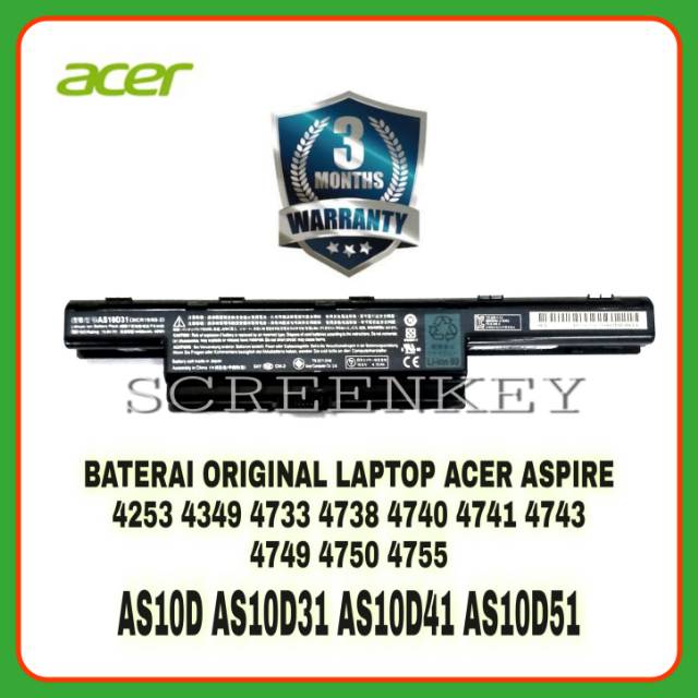 Baterai Original Laptop Acer Aspire 4738 4738Z 4739 4739Z 4741 4750 4750G 4752 4752G 4755 E1-471 E1-431 E1-421 AS10D31