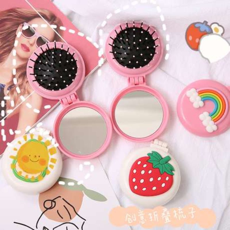 Cermin make up set sisir lipat portable travel traveling 2 in 1 karakter lucu-1