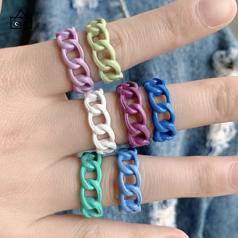 COD❤Cincin Wanita Geometris Macarons Cincin Resin Terbuka Berongga Sederhana Hadiah Aksesoris A one