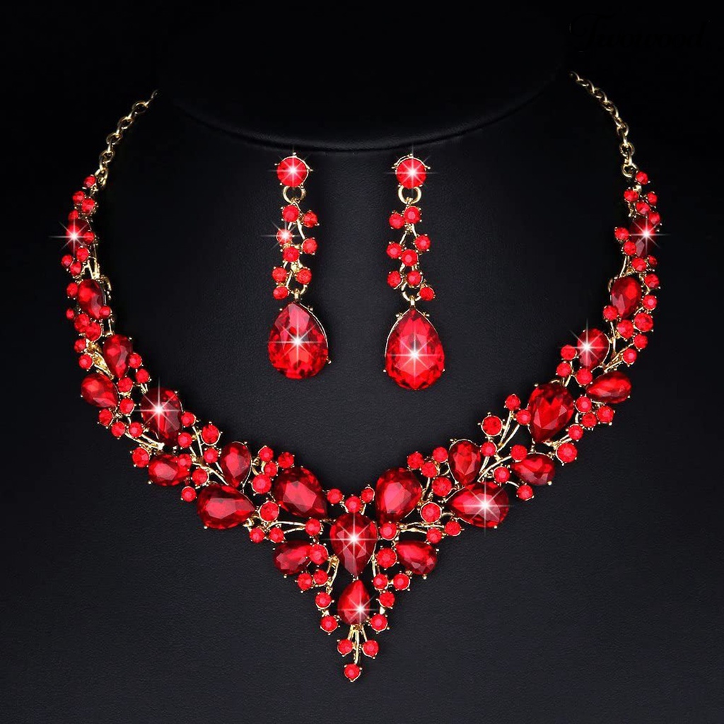 Twowood Alloy Wedding Jewelry Set Hollow Out Lightweight Shiny Rhinestone Necklace Earring Set for Banquet