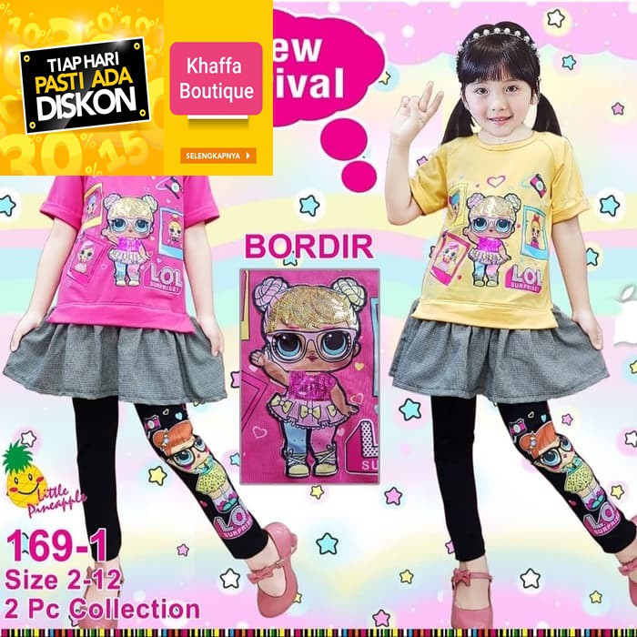 Setelan Anak Perempuan Gambar LOL LED Warna Kuning Pink