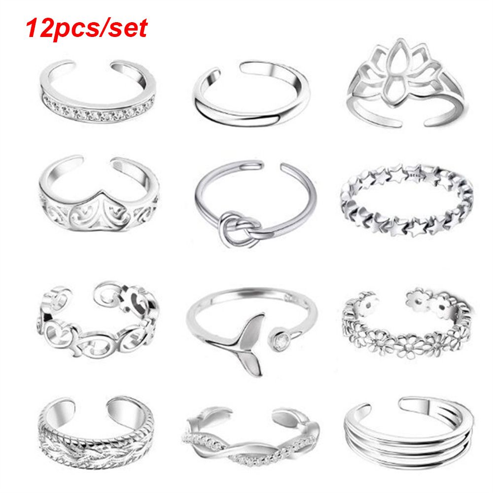 12pcs / Set Cincin Jari Kaki Model Terbuka Dapat Disesuaikan Warna-Warni Untuk Wanita