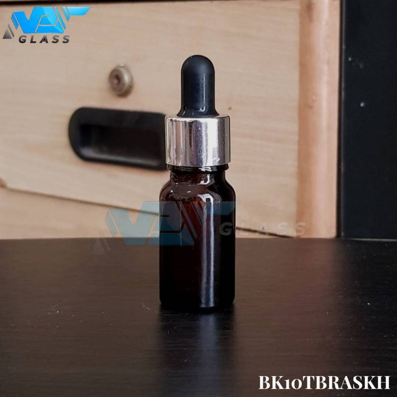 botol kaca pipet 10ml tebal amber / coklat - ring almunium silver