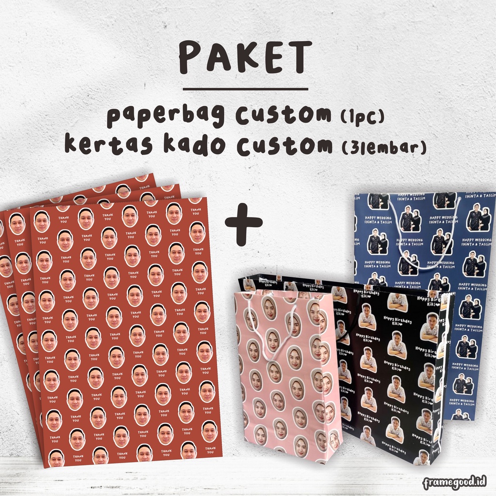 

paket PAPERBAG CUSTOM + KERTAS KADO CUSTOM foto sendiri / kertas tebal / totebag tote bag paper bag muka wajah teman free edit kpop cetak desain tas kado besar kecil