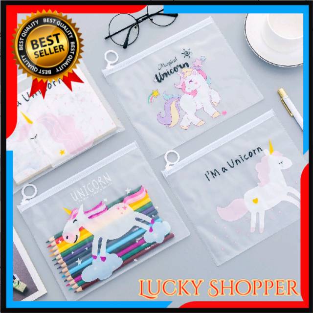 

Tempat pensil model korea motif Unicorn Pink panther bahan plastik transparant