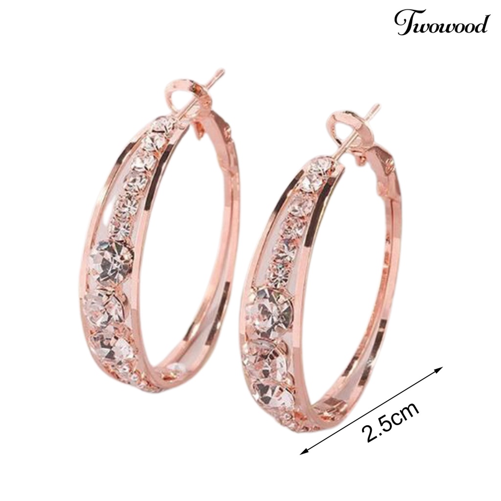 1 Pasang Anting Hoop Berlian Imitasi Bentuk Lingkaran Warna Rose Gold Untuk Wanita