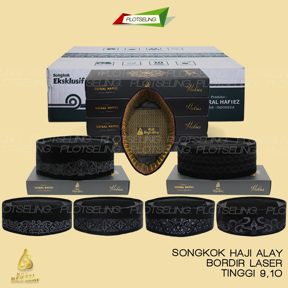 Songkok Premium HAJI ALAY LASER AC Tinggi 9 Peci Sholat Pria Dewasa Hitam Full Motif Batik NU Kopiah Shalat Anak Santri Laki Kopyah Solat Pesantren Nasional Beludru Ukuran Jumbo Kopeah Bulat Batok Bludru Pigeon Putih Pendek Karakter Nama Susun Original