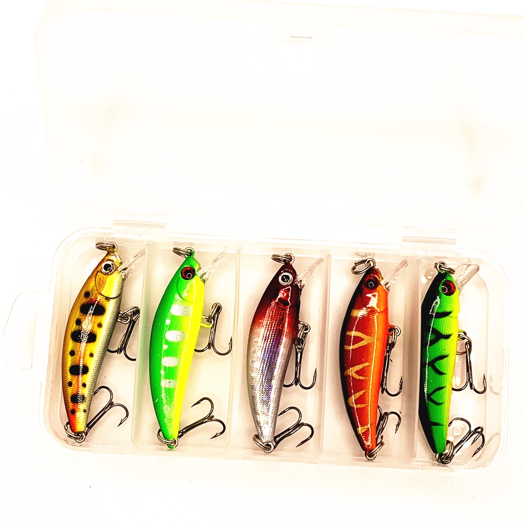 5pcs / Kotak Umpan Pancing Ikan Minnow 5cm 5g Dengan Kail Wobbler