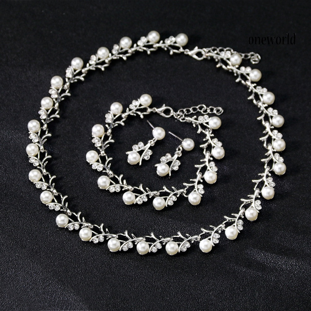 OW@ Women Bride Faux Pearl Rhinestone Necklace Stud Earrings Bracelet Jewelry Set