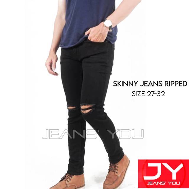 Celana jeans sobek lutut pria ripped jeans softjeans hitam Celana jeans sobek lutut pria ripped jeans softjeans hitam