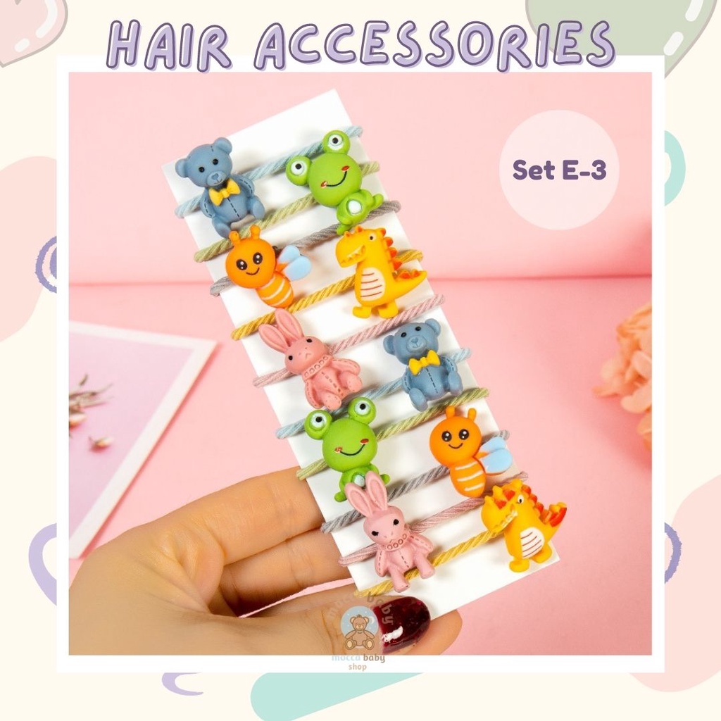 MBSS -  IKAT ORENJI 10PCS / Set Ikatan Rambut Anak Icon Karakter Import / Ikat Rambut Anak Karet Motif Karakter