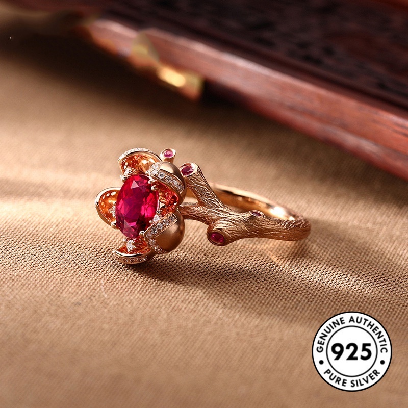 Cincin Desain Bunga Ruby Bahan S925 Silver Warna Rose Gold Untuk Wanita