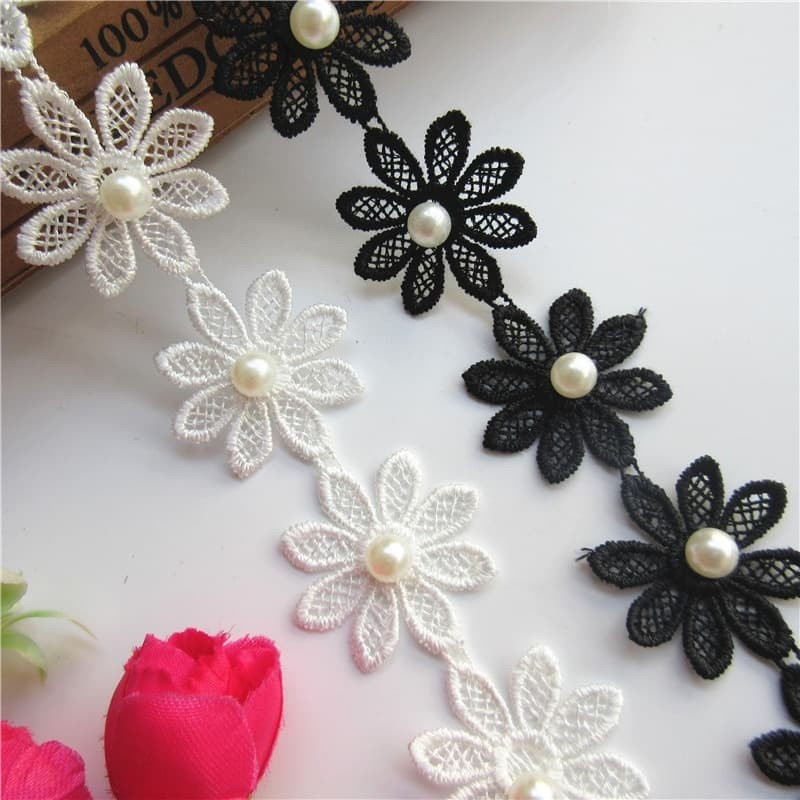 Fabric Embroidered Lace - Pearl Flower Chain Dia.4cm (10pcs)