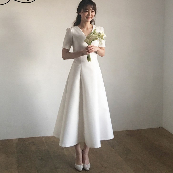 Simple Satin Short Sleeve V-neck Wedding Dress Ankle