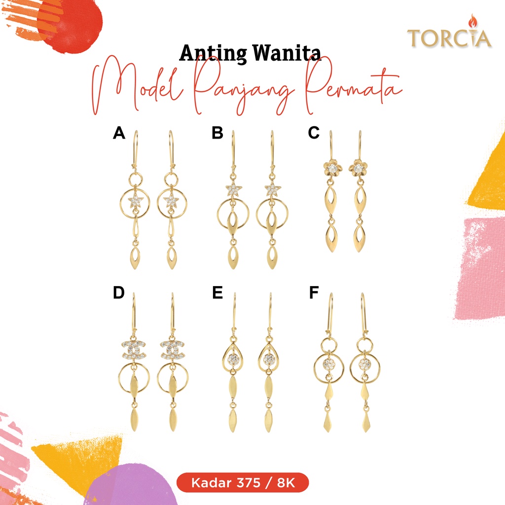 Anting Italy Emas Asli Wanita Model Panjang Permata Kadar 375 Torcia